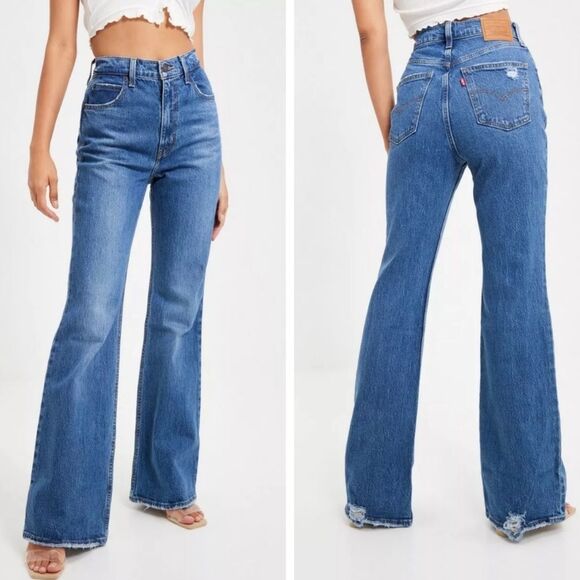 Levi's 70s Inspired High Rise Slim Fit Medium Wash Raw Edge Flare Denim Jeans 28 - Picture 2 of 13